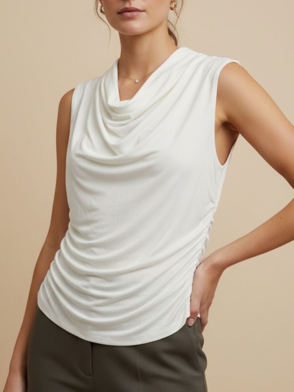 Zenana White Double Layer Ruched Side Draped Cowl Neck Sleeveless Top - NWOT